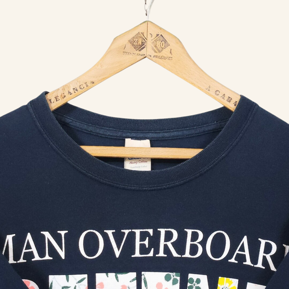 Vintage MAN OVERBOARD Band T-shirt - Unique "DEFEND POP PUNK" Design, Navy Blue, Medium Size, Punk Rock Tee