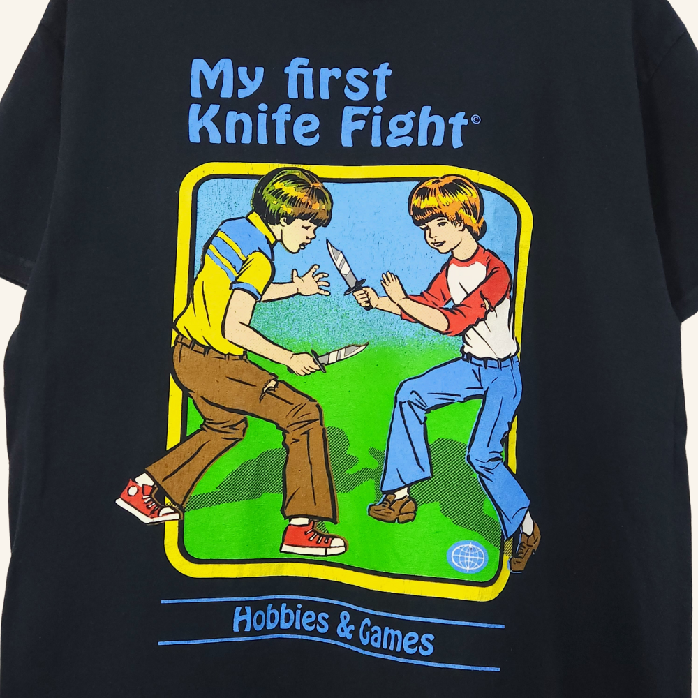 Steve Rhodes Men's Retro Comic Book Style Black Humor T-shirt "Boys Knife Fight" Nostalgic Vintage Design 100% Cotton