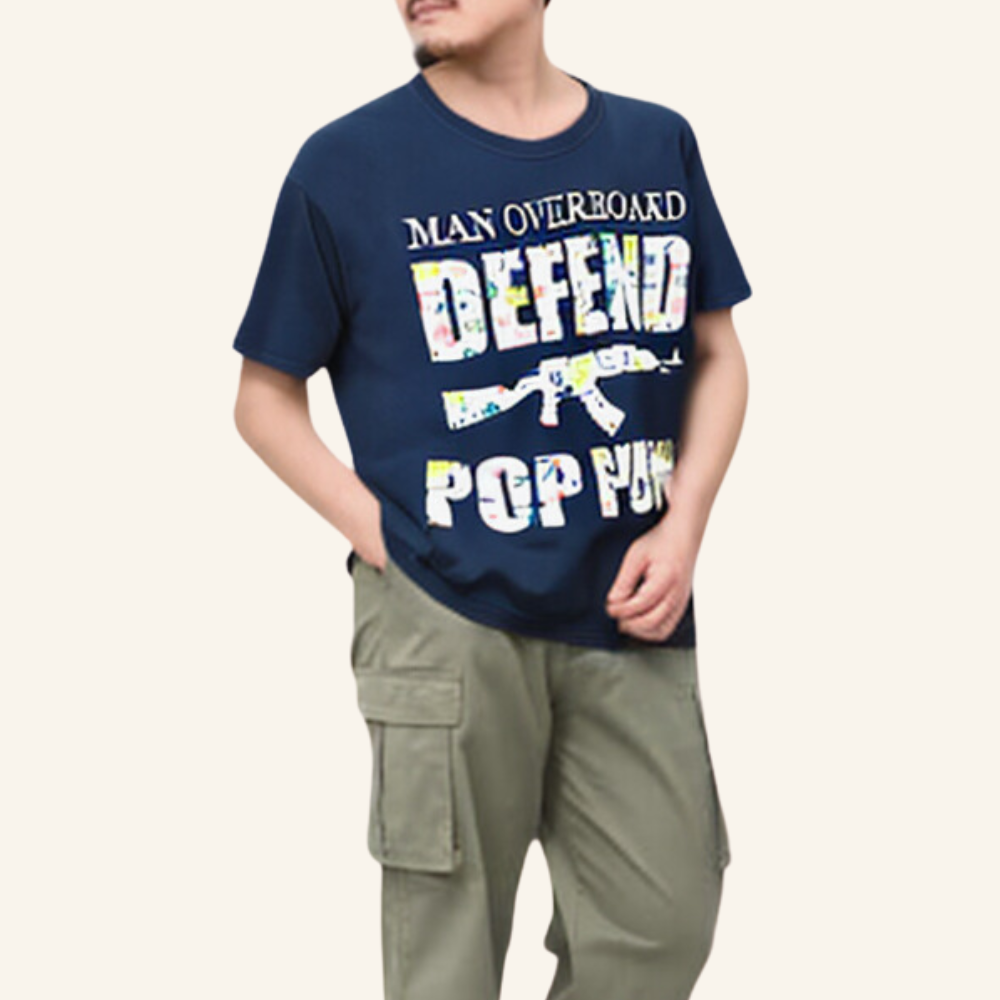 【古着】MAN OVERBOARD バンドTシャツ Mサイズ ネイビー "DEFEND POP PUNK" パンクロック ユニークデザイン